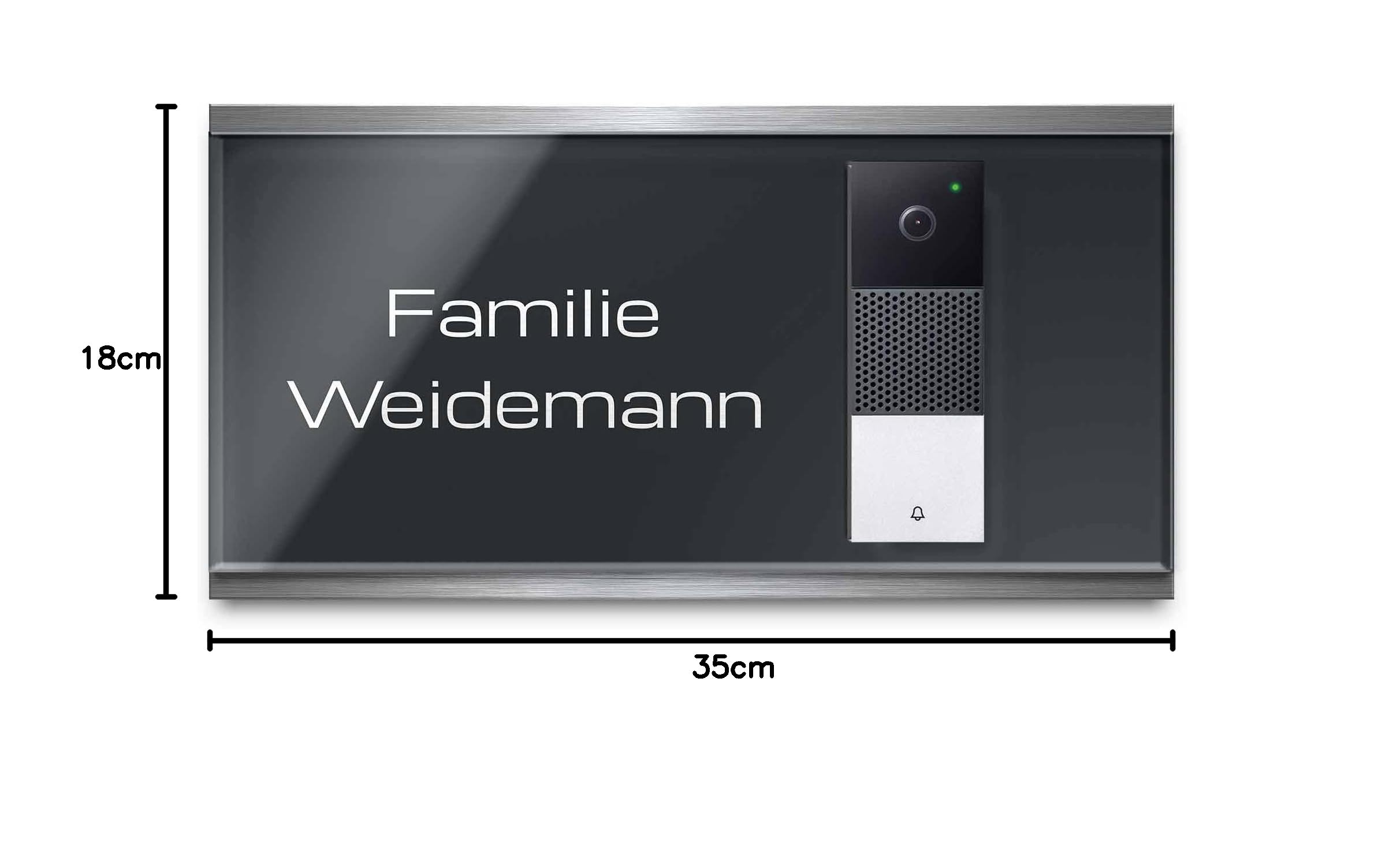 Modernes Klingel Schild für smarte Videotürklingel Netatmo - personalisiertes Türschild aus Edelstahl & Acrylglas | kompatibel mit Video Funk Klingel - Türklingel Funkklingel Zubehör (35x18 cm)