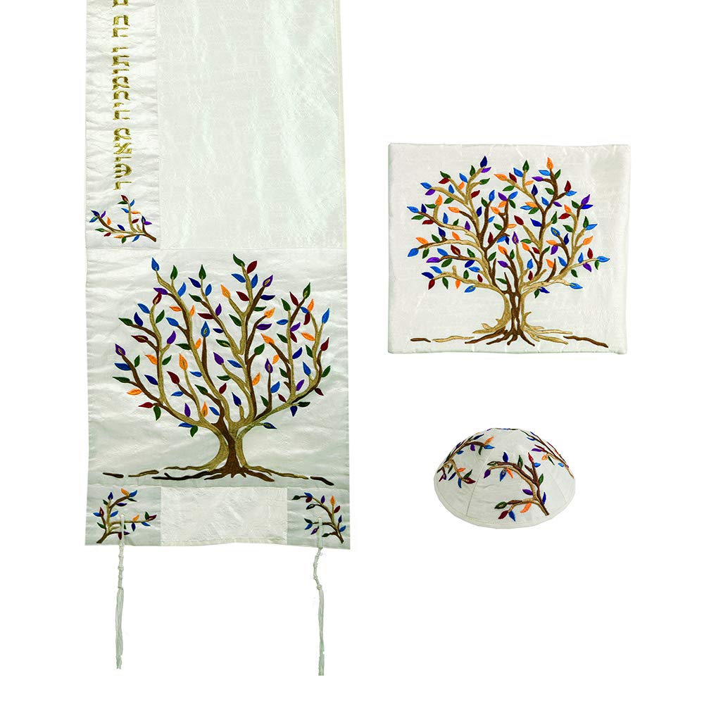 Multicolor Tree of Life Design Embroidered Raw Silk White Tallit Set