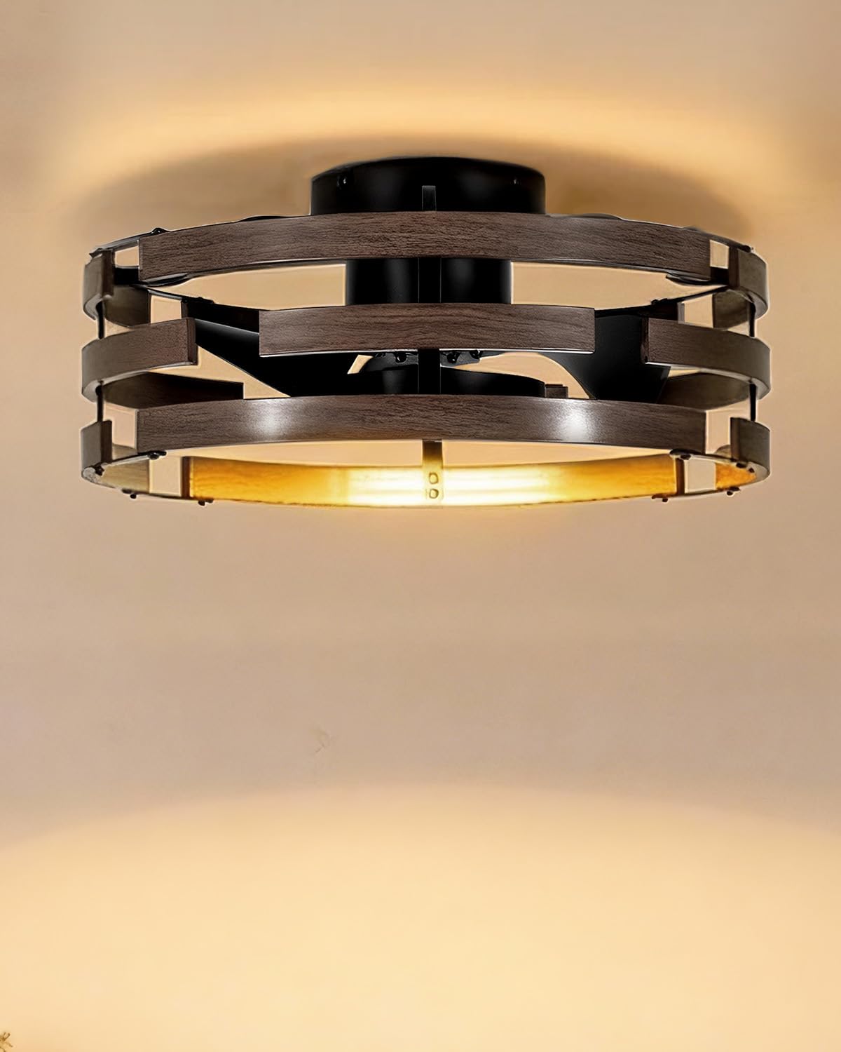 Photo 1 of Roomratv Fandelier Ceiling Fan with Light, 20" Flush Mount Metal Caged Enclosed Blades with Remote, Low Profile Farmhouse Fan Light for Bedroom Kitchen Living Room Office - Black Wood Grain