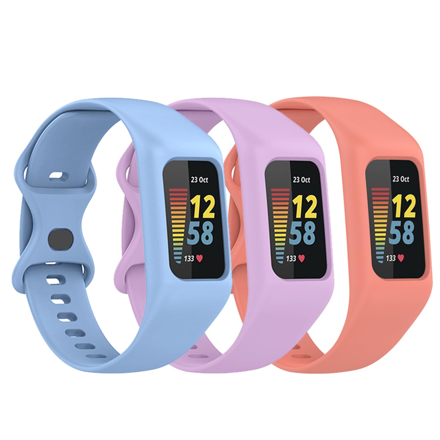 Gheper 3 Pack Soft Watchband Compatible with Fitbit Charge 6, Charge 5, Charge 4, Charge 3/3SE Silicone Wristband All-round Protective Band Replacement Bracelet Strap, Sky blue/Lilac/Pink