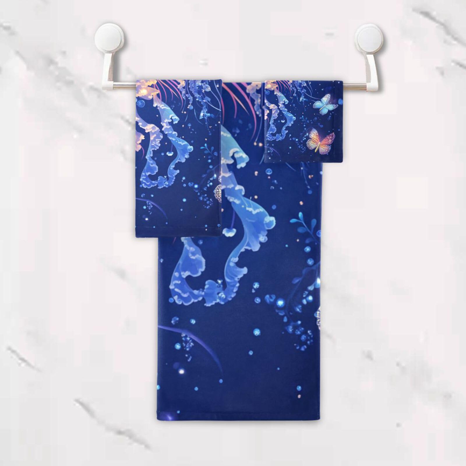 Cartoon Quallen A River Blue Cleaning Face Towels Set 3-teilig, 1 Badetuch, 1 Handtuch, 1 Waschlappen für Zuhause, Küche, Familie