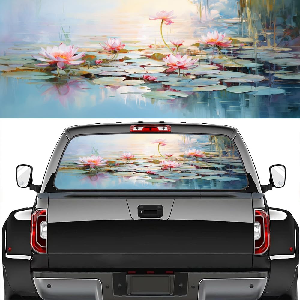 Watercolor Lotus Flower Pickup Car Rear Window Decals Decor, Countryside Pond Beautiful Flower Perforated Window Film Decals for Truck Back,Scratch Hidden Car Stickers 66 x 22 inch