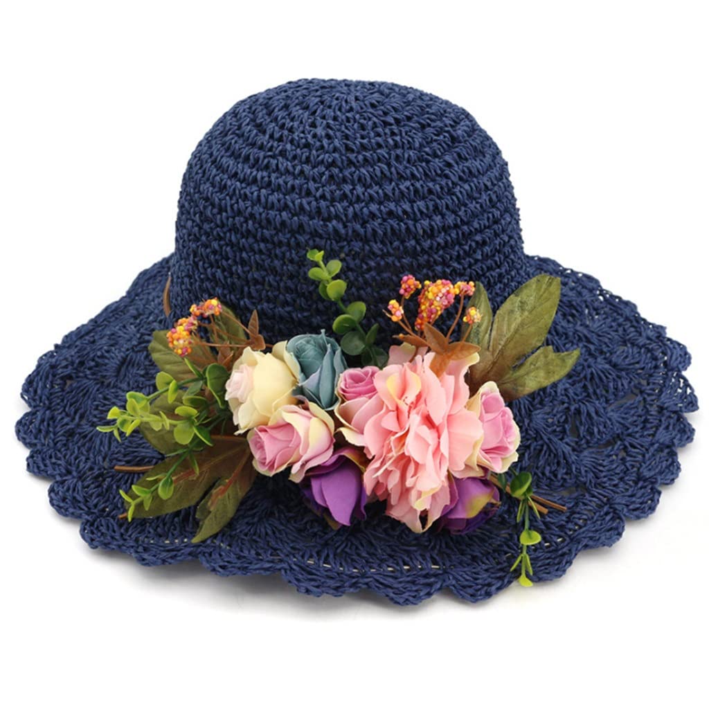 Amazon.com: Handmade Flowers Straw Hat Women Wide Brim Beach  display picture 3