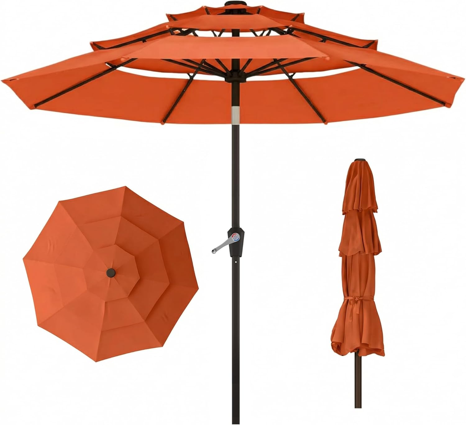 10ft 3 Tier Patio Umbrella, Outdoor Market Table Umbrella with UPF 50+ Vented Canopy, 8 Sturdy Ribs, Easy Push Button Tilt and Crank, Windproof for Deck, Pool, Backyard and Garden