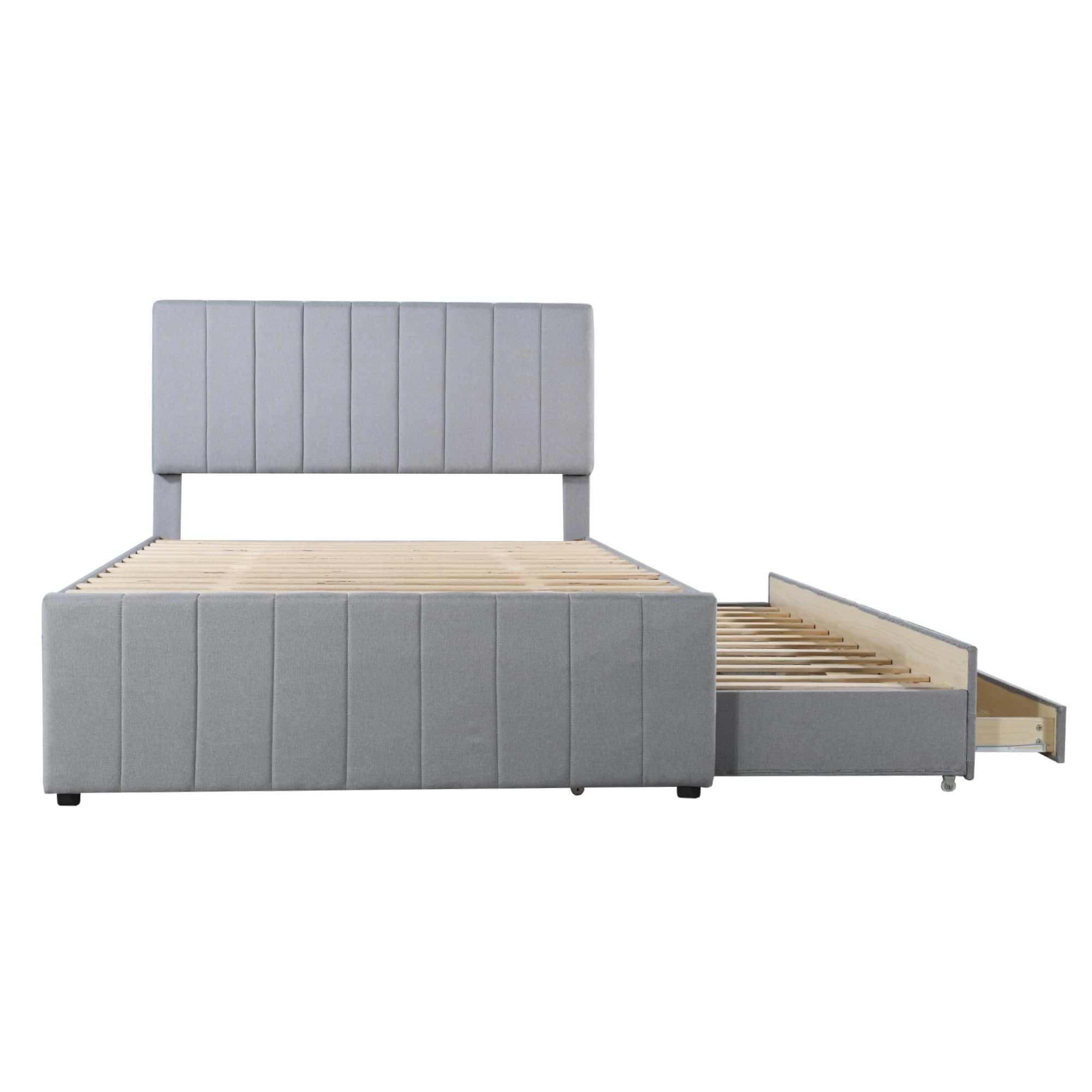 Letto Tessile 140x200cm con Sommier a doghe stabili e Struttura Letto Matrimoniale fissa piattaforma tre cassetti inferiori secondo letto estraibile testiera regolabile Grigio