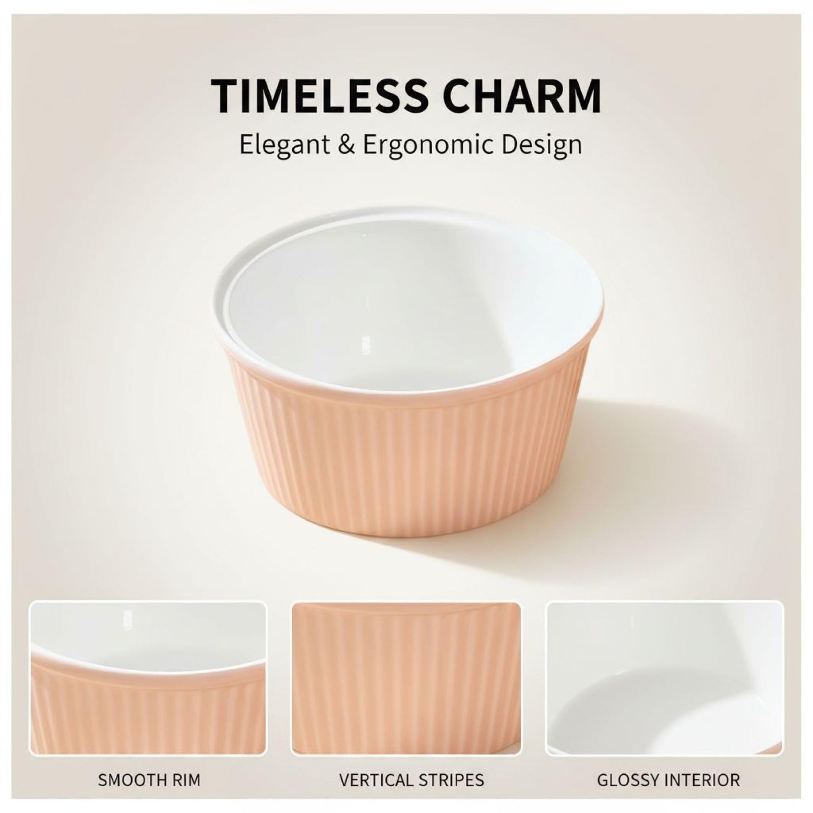 Lot de 4 ramequins en céramique, compatibles four, ramequins à soufflé en porcelaine 300 ml, bols à pudding empilables à rayures verticales, bleu, jaune, blanc, rose, 11,5 x 11,5 x 5,5 cm