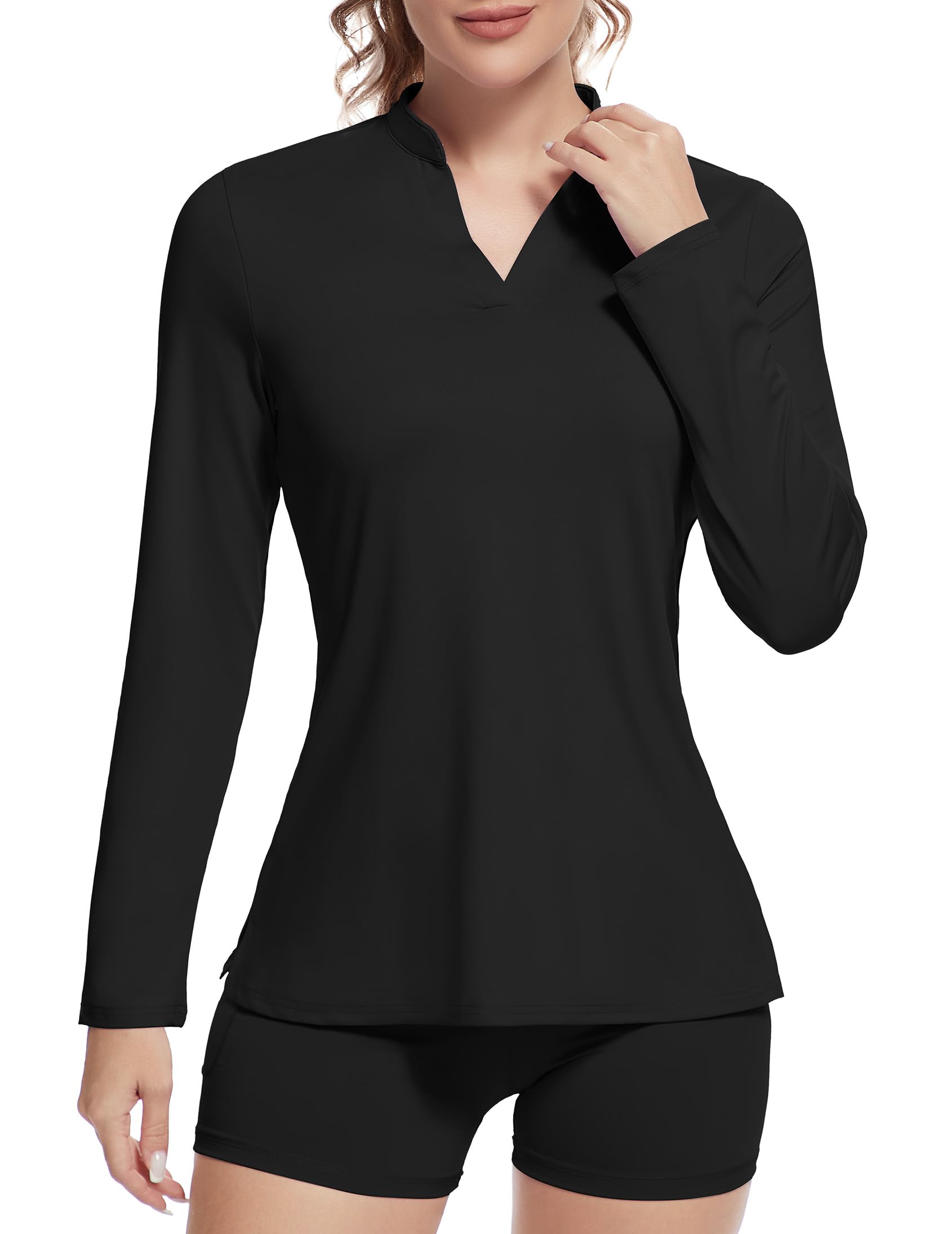 Women's Golf Polo Shirt — UPF 50+ V-Neck Long Sleeve Collarless Quick Dry Tennis Running T-Shirt Golf Top for Women (Black, Large)
