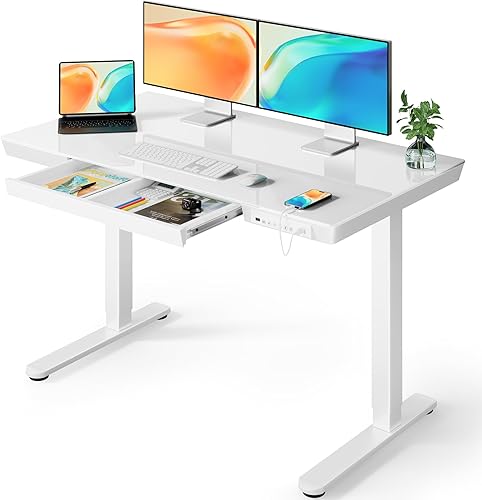 ErGear EGESD32W - Escritorio de pie eléctrico de 48 x 24 pulgadas con cajón, escritorio de pie superior de vidrio con parte superior premontada y