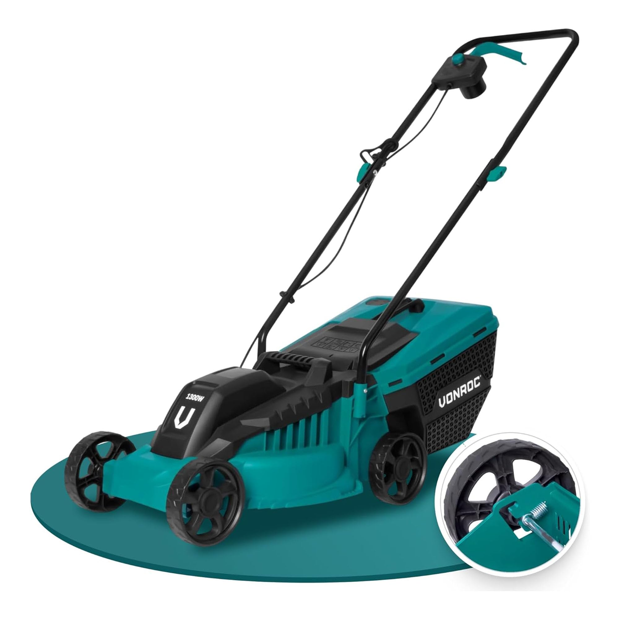 VONROC Tondeuse Gazon 1300W - Largeur de Coupe 32cm - Bac Ramassage Tondeuse 30L Inclus - Entretien du Jardin, de la Pelouse - Interrupteur de Sécurité, Facile à Transporter - Serre-Câble Fournis