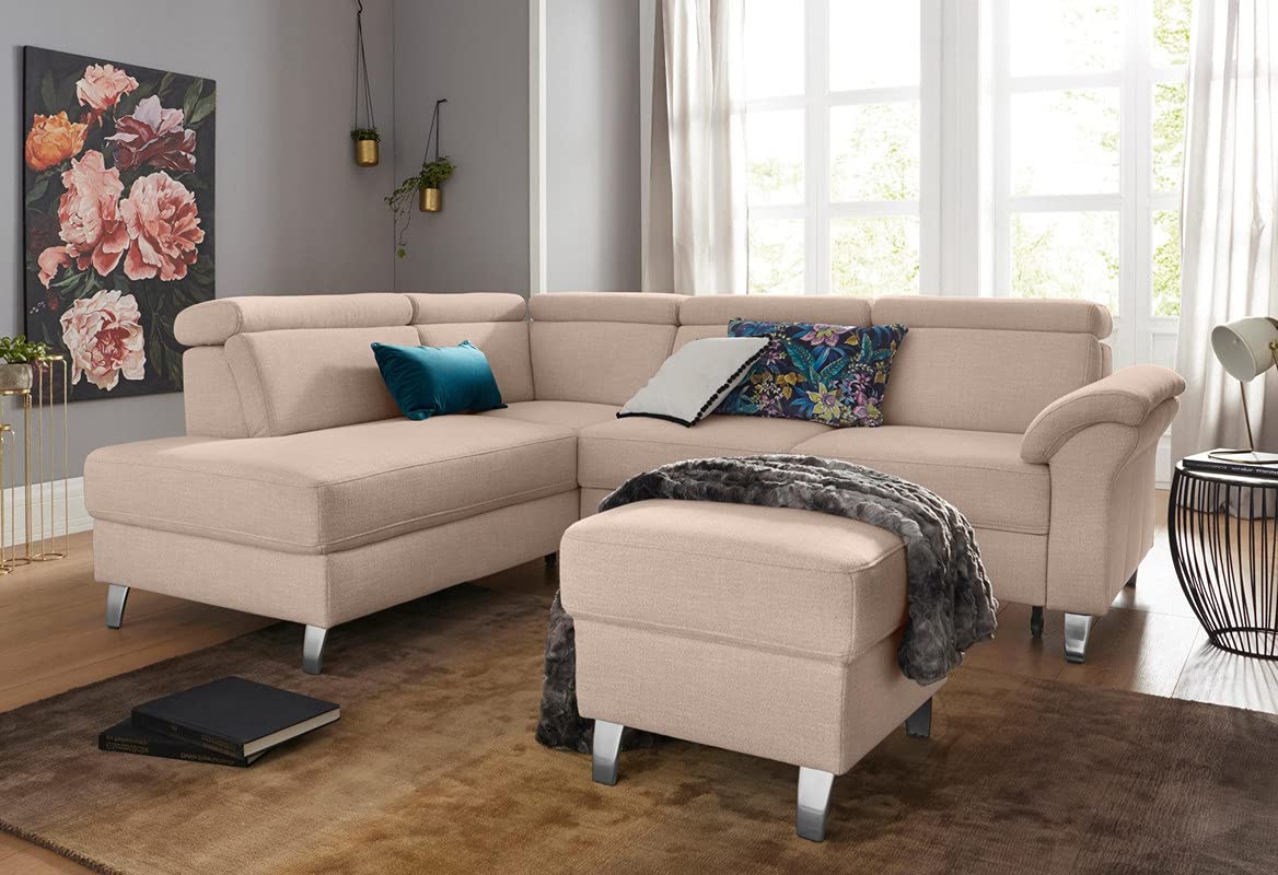 FUNTERIOR Exotic lshape Corner 5 Seater Linen Fabric Baby Pink Sofa Set (RHS)