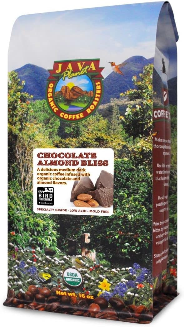 Low Acid Organic Coffee – Whole Bean, Mold-Free & Stomach Friendly by Java Planet, Chocolate and Almond, Medium Dark Roast, Arabica Gourmet Coffee Grade A, Smithsonian Bird Friendly, 1LB Bag