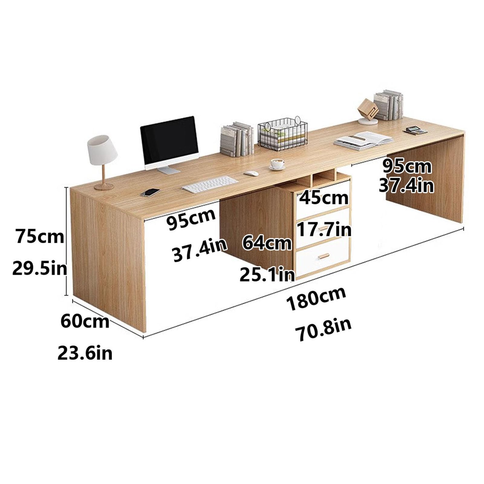 Postazione di lavoro doppia in legno con 3 cassetti portaoggetti per due persone casa ufficio scrittura marrone Dimensioni: 180 x 60 x 75 cm