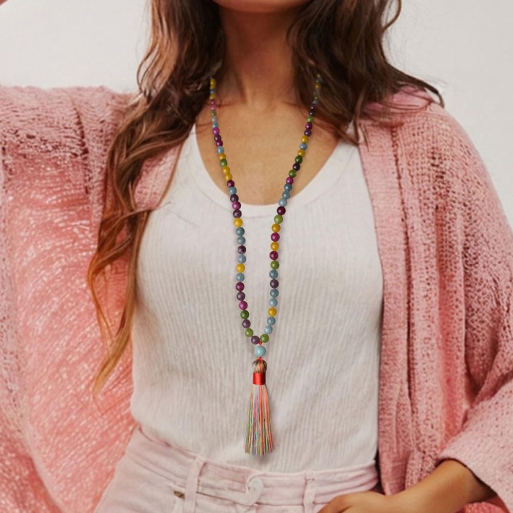 Collar de borla 1/2/3 piezas Mala cadena 108 perlas cadena Bohemia Beads cadena suéter cadena budismo cadena ágata joyas piedra natural cadena cadena para hombres mujeres yoga Reiki Chakra