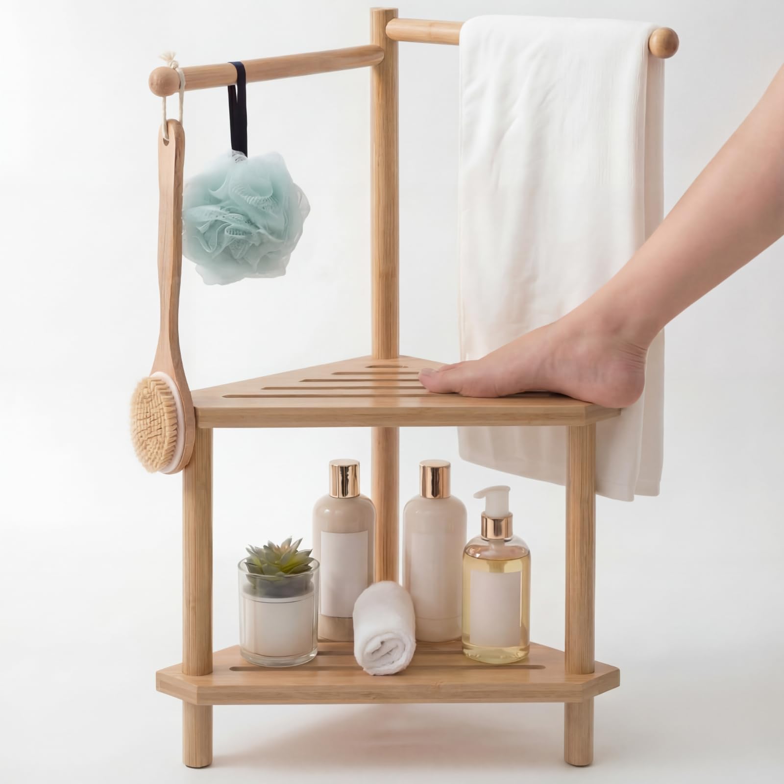 Threehoney 2 Tier 17 x 31 Bamboo Corner Shower Stool Foot Rest with Towel Bar Wood Shower Stool