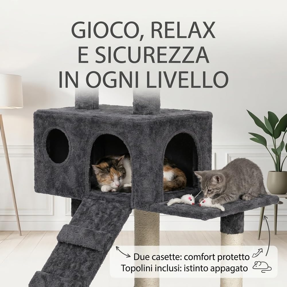 BAKAJI Tiragraffi per Gatti Albero Sisal Parco Giochi Cuccia Gatto Tira Graffi Unghie Alto 170 cm (Grigio)