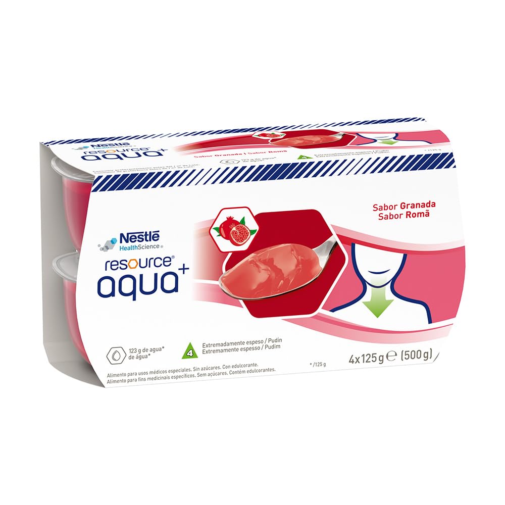 RESOURCE AQUA+ GELIFICADA, Sabor Granada, Hidratación Segura para Personas con Disfagia, Textura Tipo Pudin, Fácil Ingesta, Sin Gluten ni Sacarosa, Paquete de 4 unidades x 125 gr