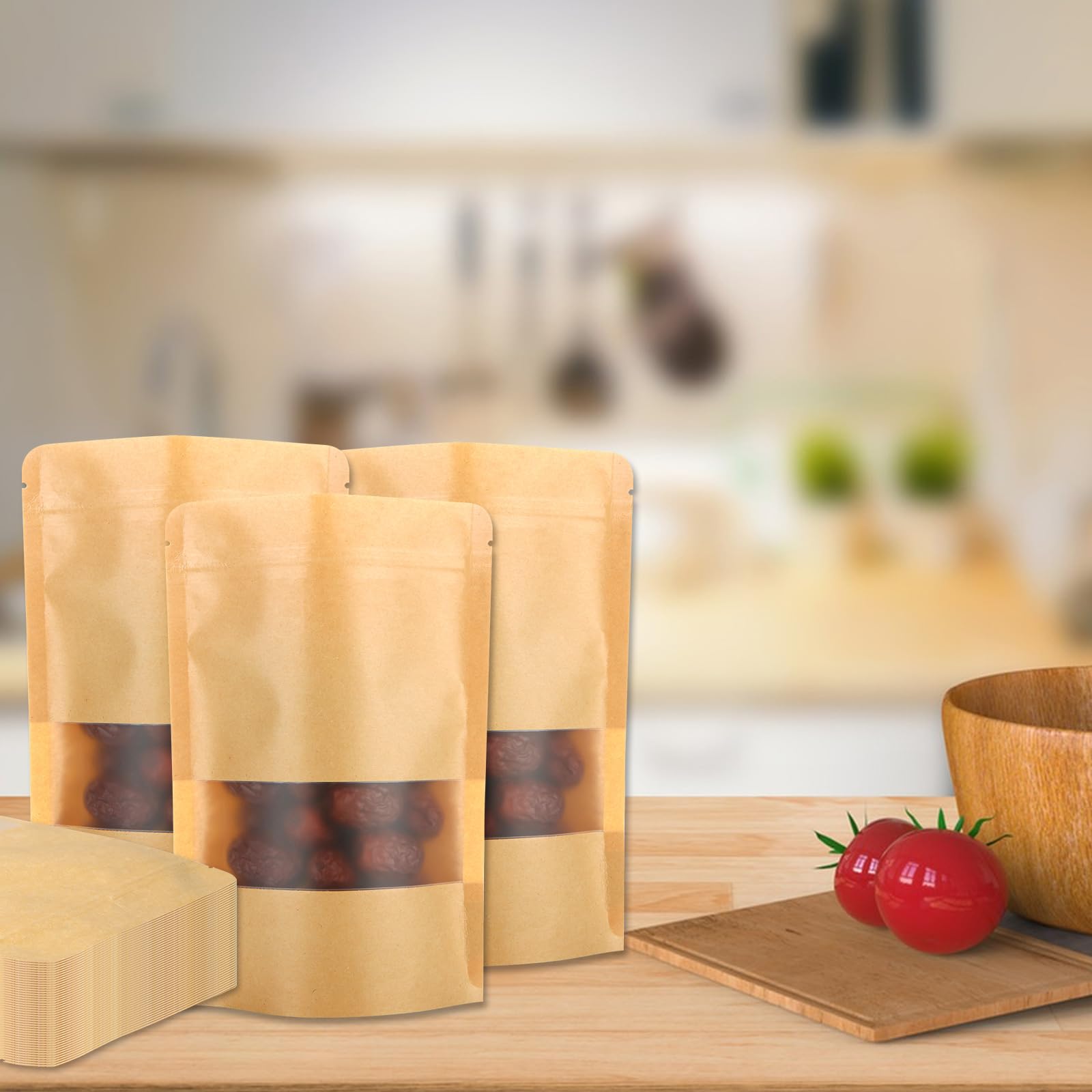 Lot de 200 sacs en papier kraft avec fenêtre - 14 x 20 x 4 cm - Sacs refermables - Étanche - Fermeture éclair - Convient pour fruits secs, graines de thé, noix, grains de café - Marron