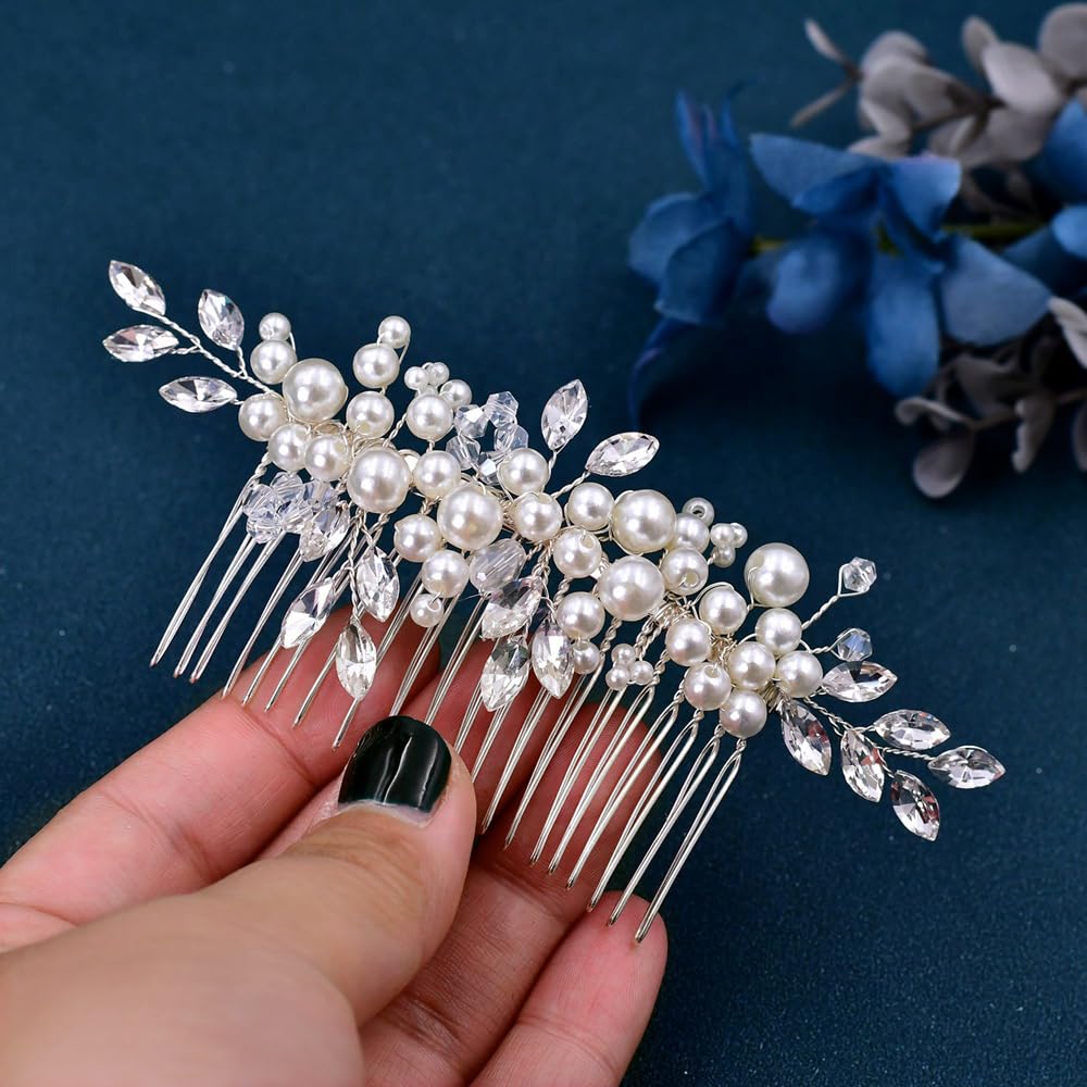 Pettine per capelli da donna con perle argentate e cristalli, accessorio per capelli con strass per spose e damigelle d'onore