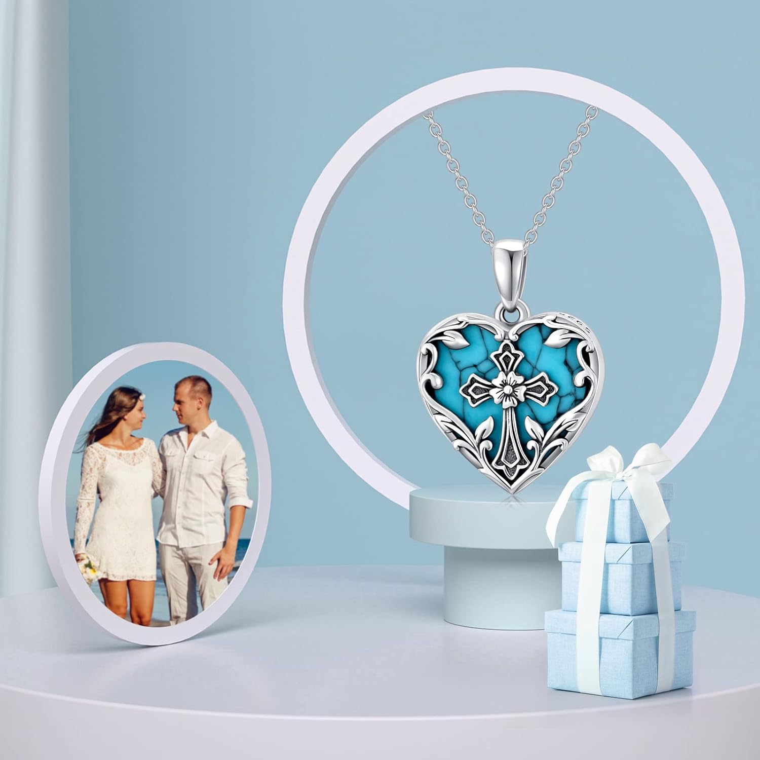 Heart Shaped Locket Necklace That Holds 1 Picture 925 Sterling Silver Genuine Turquoise Cross Pendant Personalized Photo Jewelry for Women Grandma - Image 8