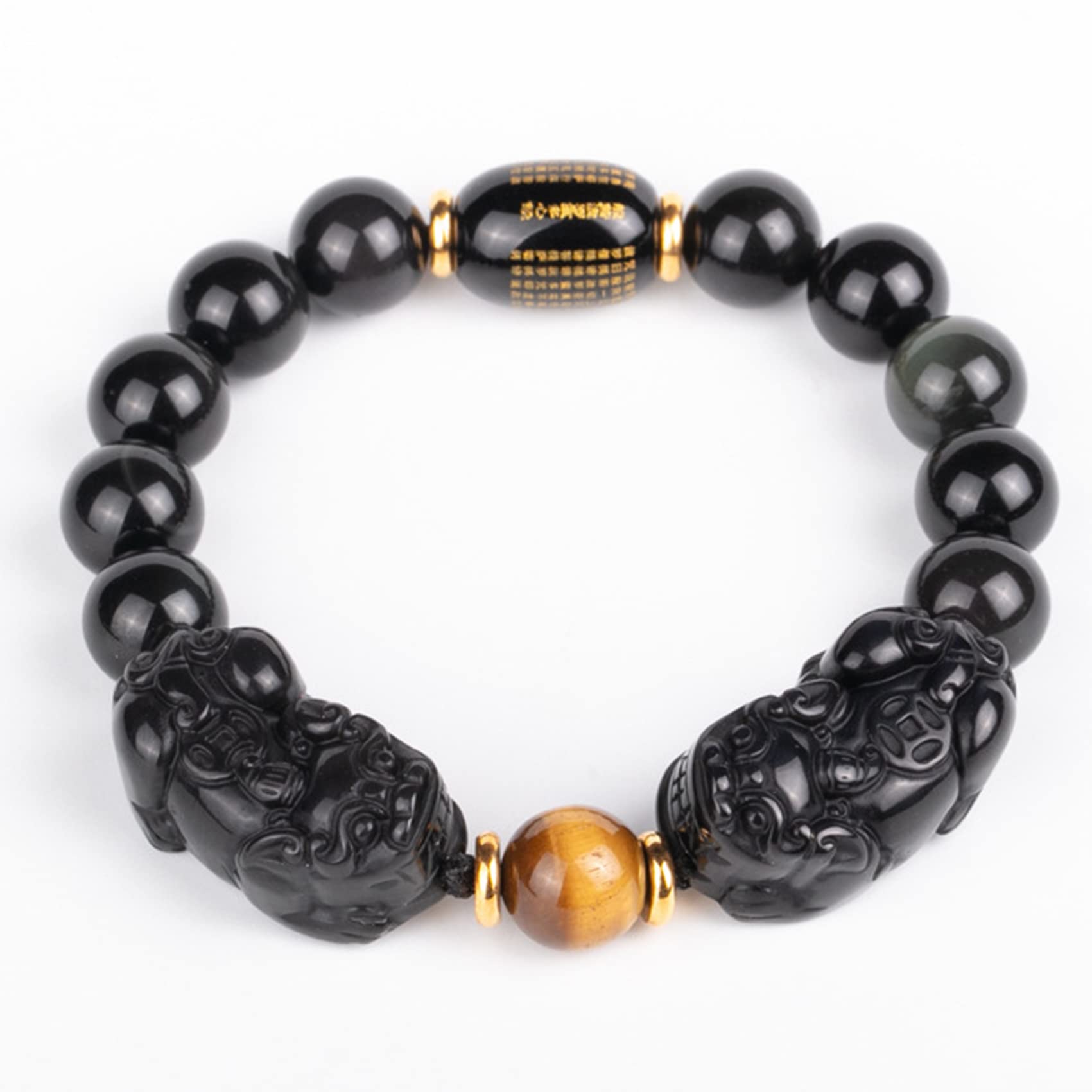 YDYDTTKD Schwarzes Obsidian-Armband, Pi Yao-Reichtumsarmband, Tigerauge-Stein, Reiki-Kristall, spirituelles Chakra-Amulett, verstellbares Armband zur Abwehr des Bösen, Stil B, 16 mm