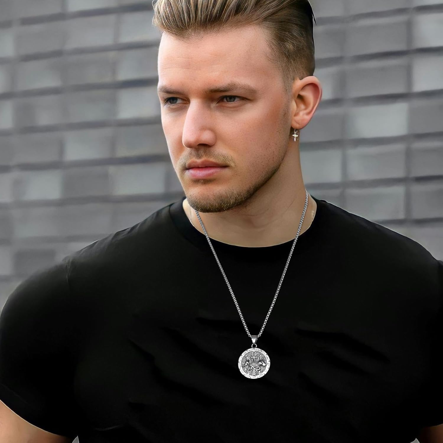 HZMAN Ancient Egyptian Symbol Necklace for Men Women Stainless Steel Retro Eye of Horus Pyramid Coptic Ankh Cross Anubis Round Pendant Necklace - Image 3