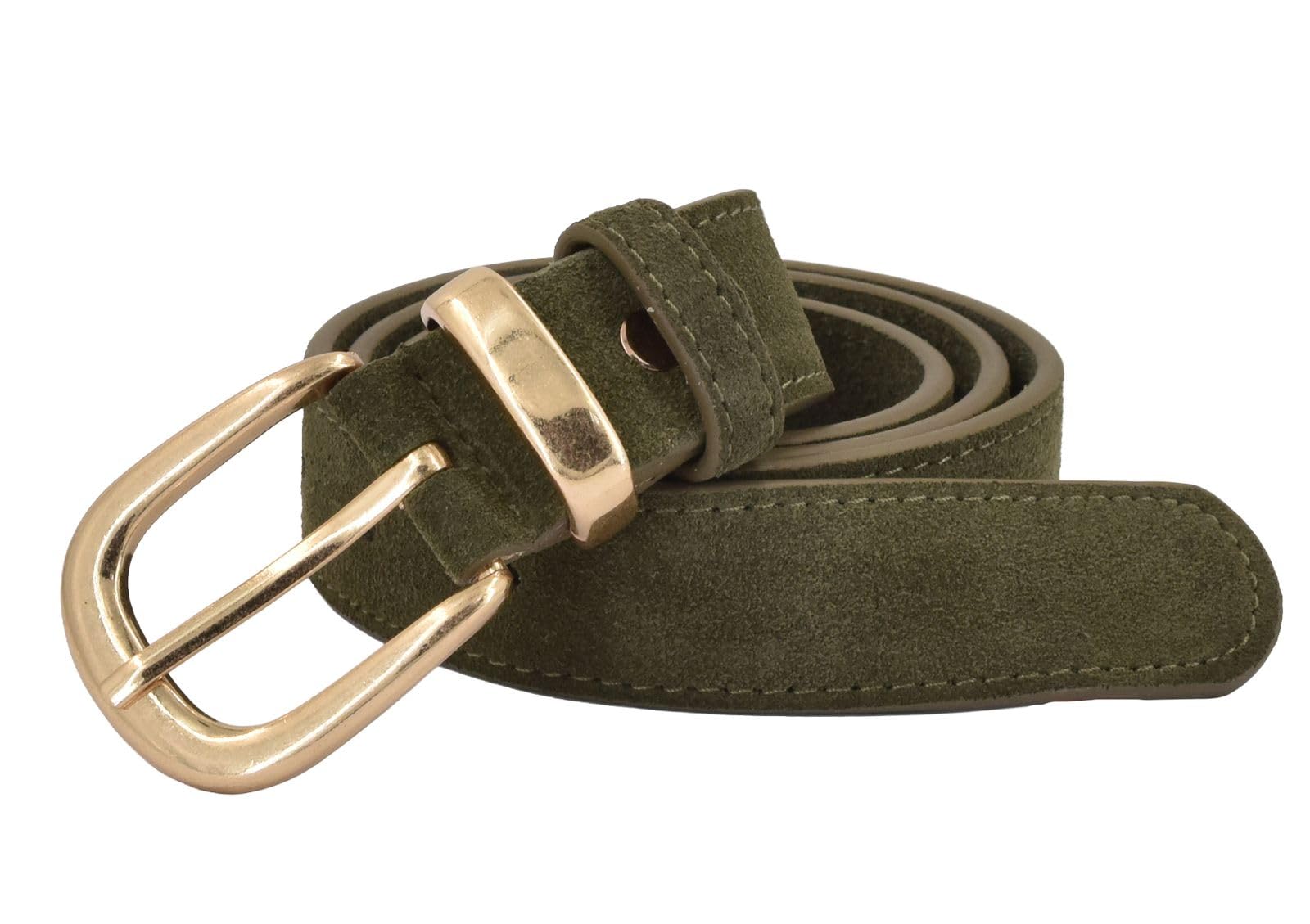 Stylebreaker Women's Olive Genuine Leather Belt 3 Cm | Soft Cowhide With Velour Finish | Elegant Antique Gold Buckle | Vintage Suede Look For Jeans & Dresses | Adjustable, Size:100cm