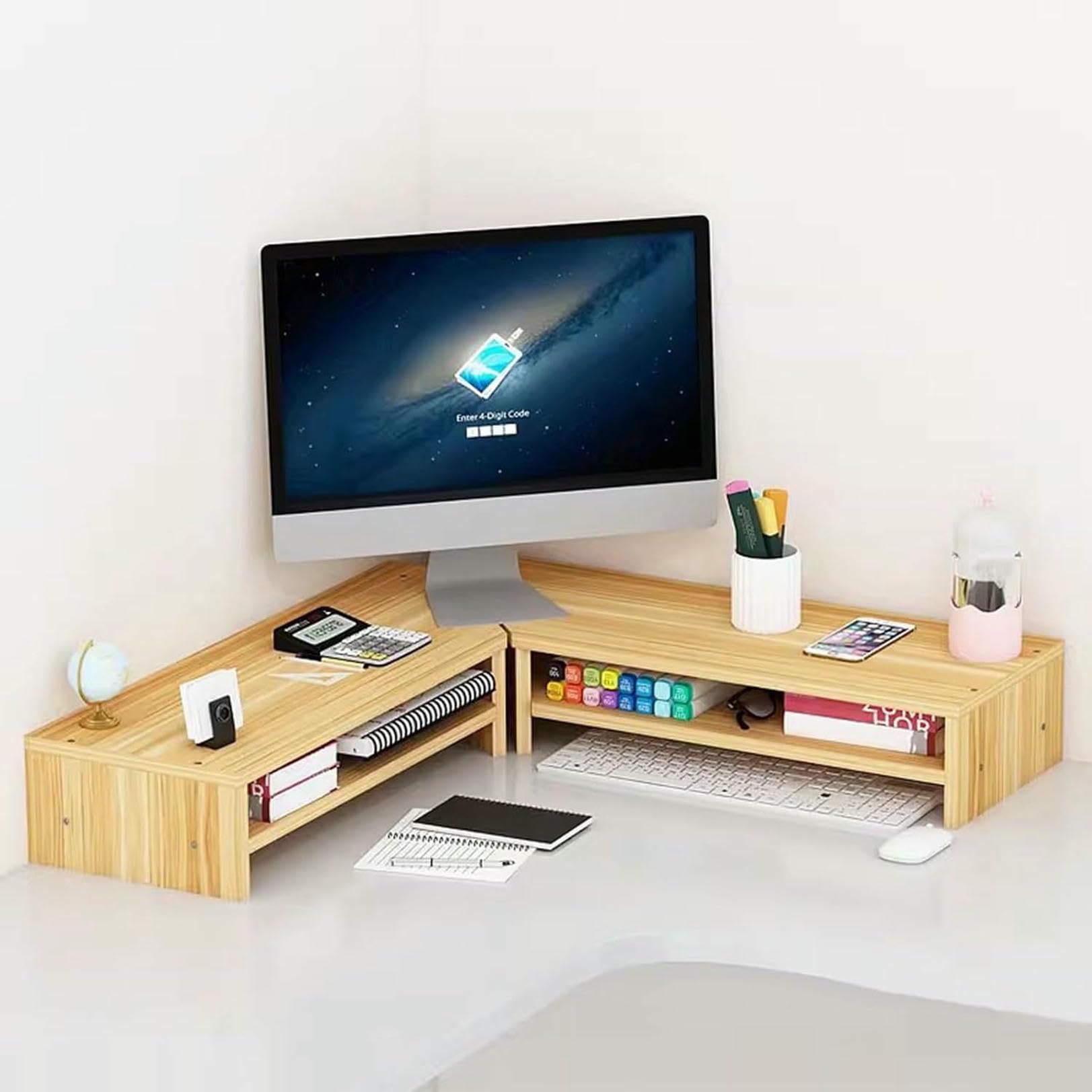 Supporti per Laptop, Supporto per Monitor angolare da scrivania, Supporto per Laptop in Legno con Contenitore, ripiano Multiuso per Computer e Stampante.