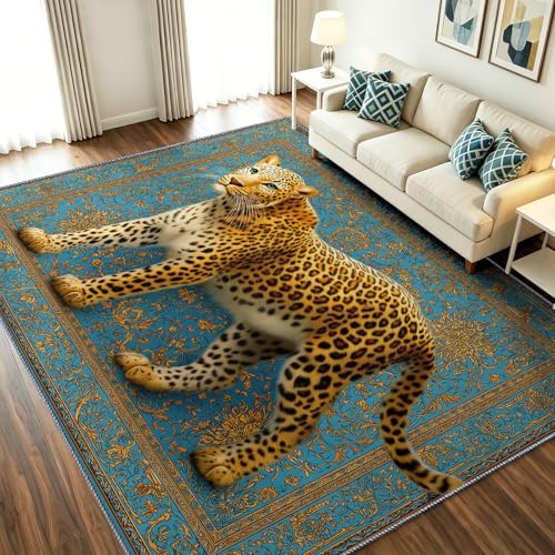 Alfombra de salón suave, 120 x 180 cm, estilo barroco, alfombra de dormitorio antideslizante, lavable, ultra suave, con cerdas radas, animales de leopardo adornados con motivos – Gran alfombra para