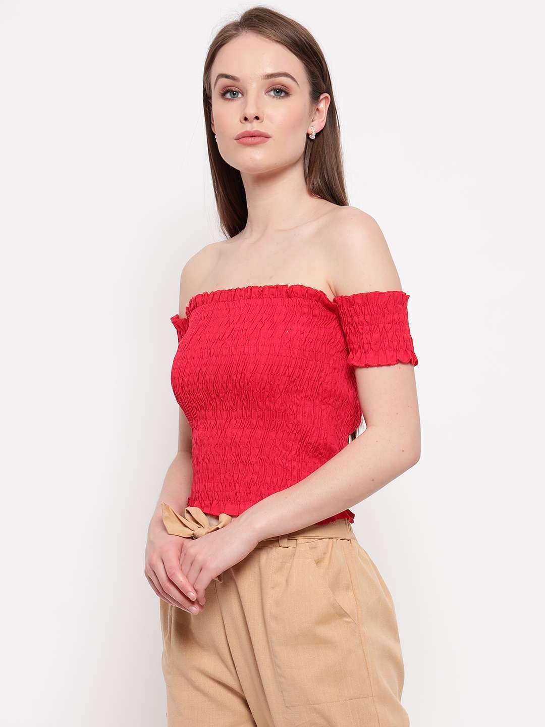 Luminara Finds Women's Rayon Solid Off-Shoulder Smocked Crop Top Short Sleeve Casual Styles Tank Top (Free Size) Multi28