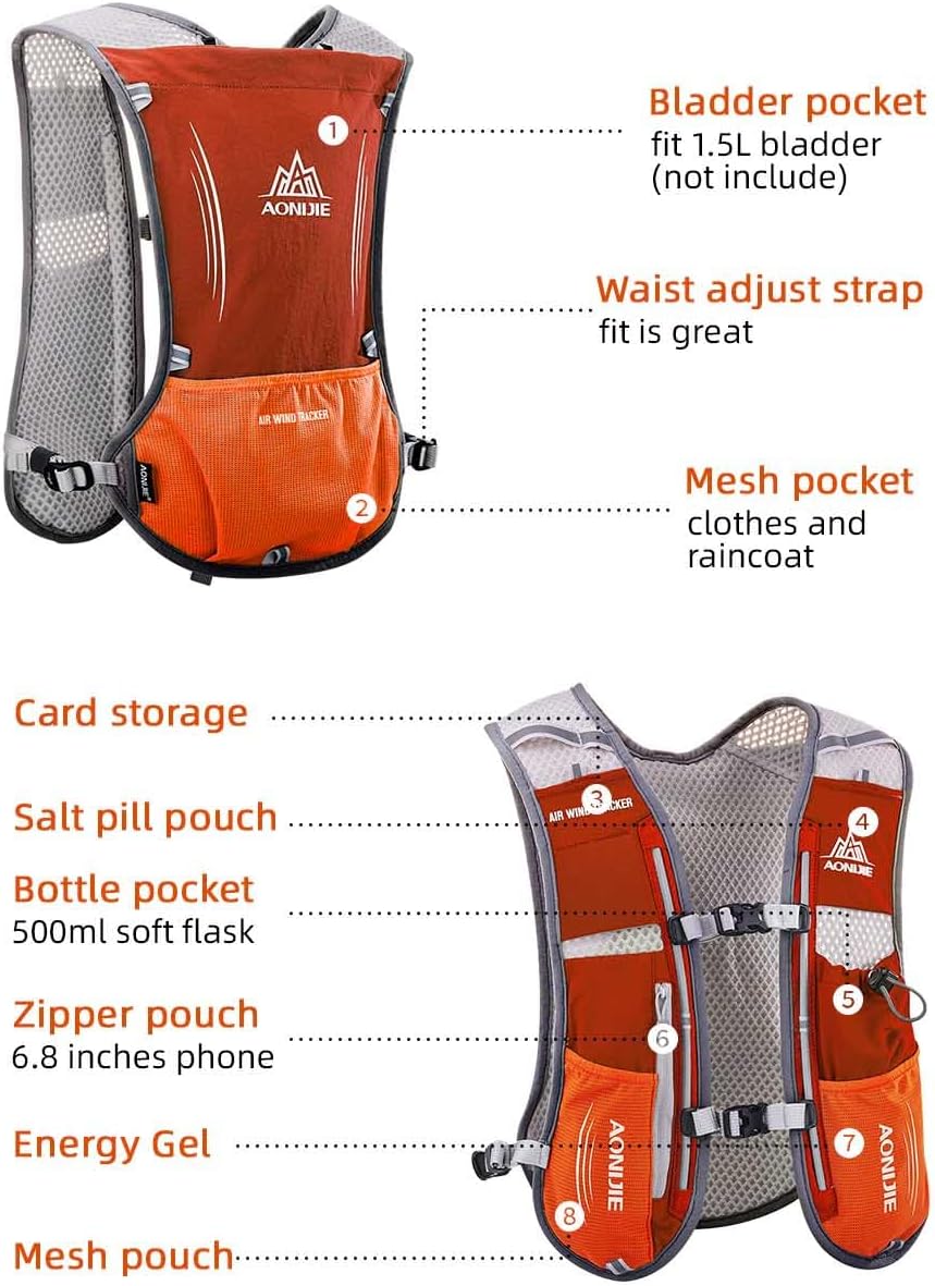 AONIJIE Running Hydration Vest for Women Men, Fit for 1.5L Bladder 6.8 Inches Phone, 5L Capacity Hiking Pack Backpack Ideal for Marathon Training, Hiking, Biking, Trail and Walking