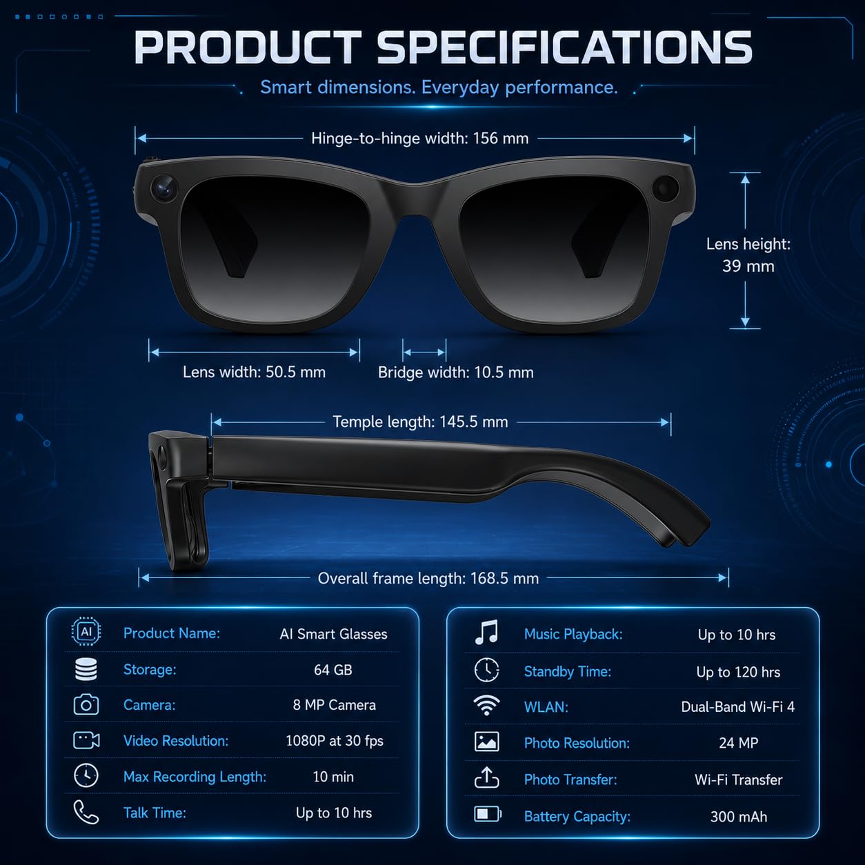 Occhiali con Telecamera HD 8MP, Video, Traduzione in Tempo Reale, Assistente Vocale AI Riconoscimento AI Chiamate e Musica, Occhiali Smart Glasses Lenti Anti Luce Blu, Occhiali da sole Intercambiabili