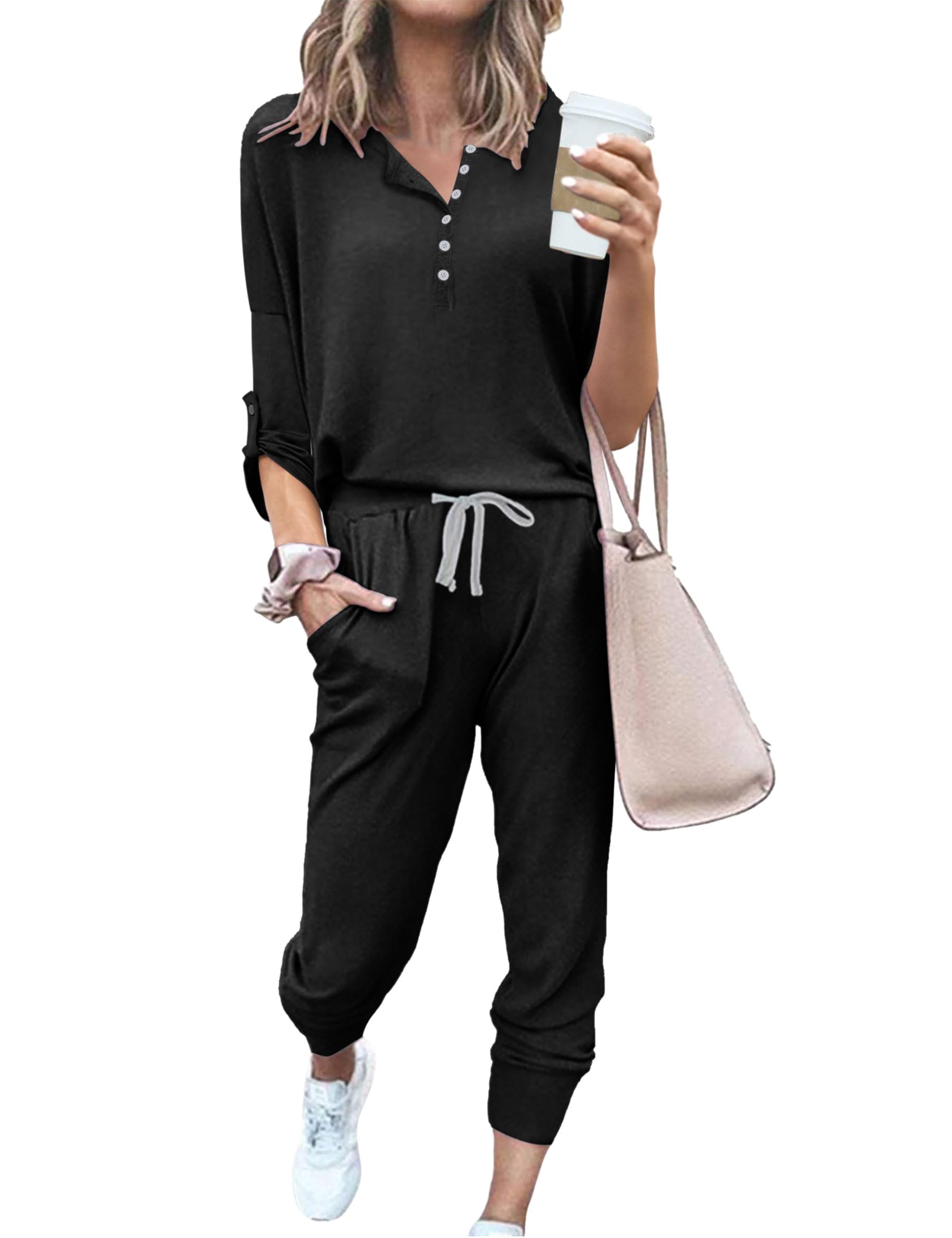 Yeshape Womens One Piece Jumpsuit Casual Loose, Long Romper with Drawstring Elastic Waist, Tracksuit Sweatsuit with Pockets