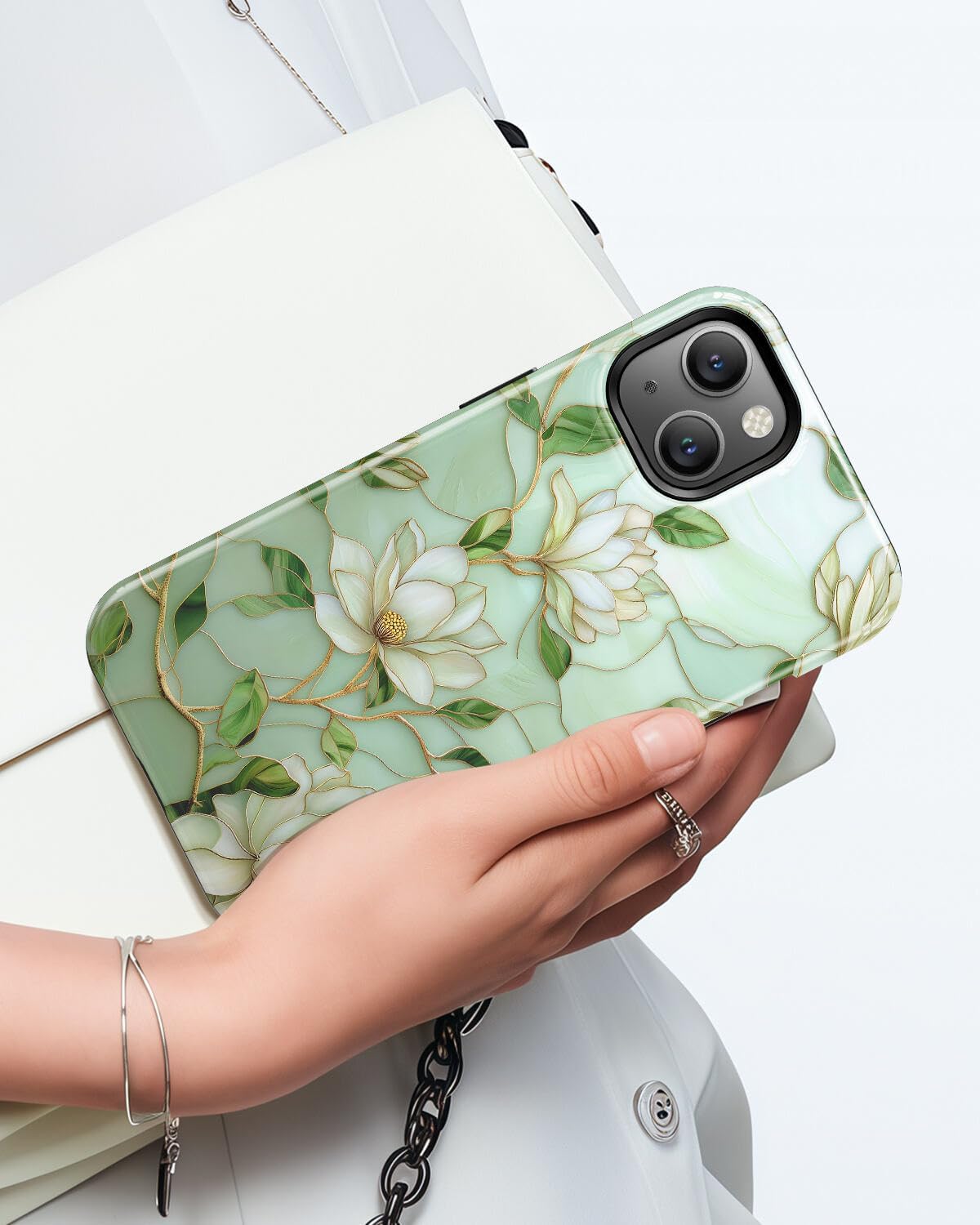 Magnolia Stained Glass Flower Phone Case for iPhone 15, Compatible with Magsafe, Trendy Elegant Green Floral Stained Glass Magnetic Slim Silicone Shockproof Protective Women Girl Cover Case - Image 8