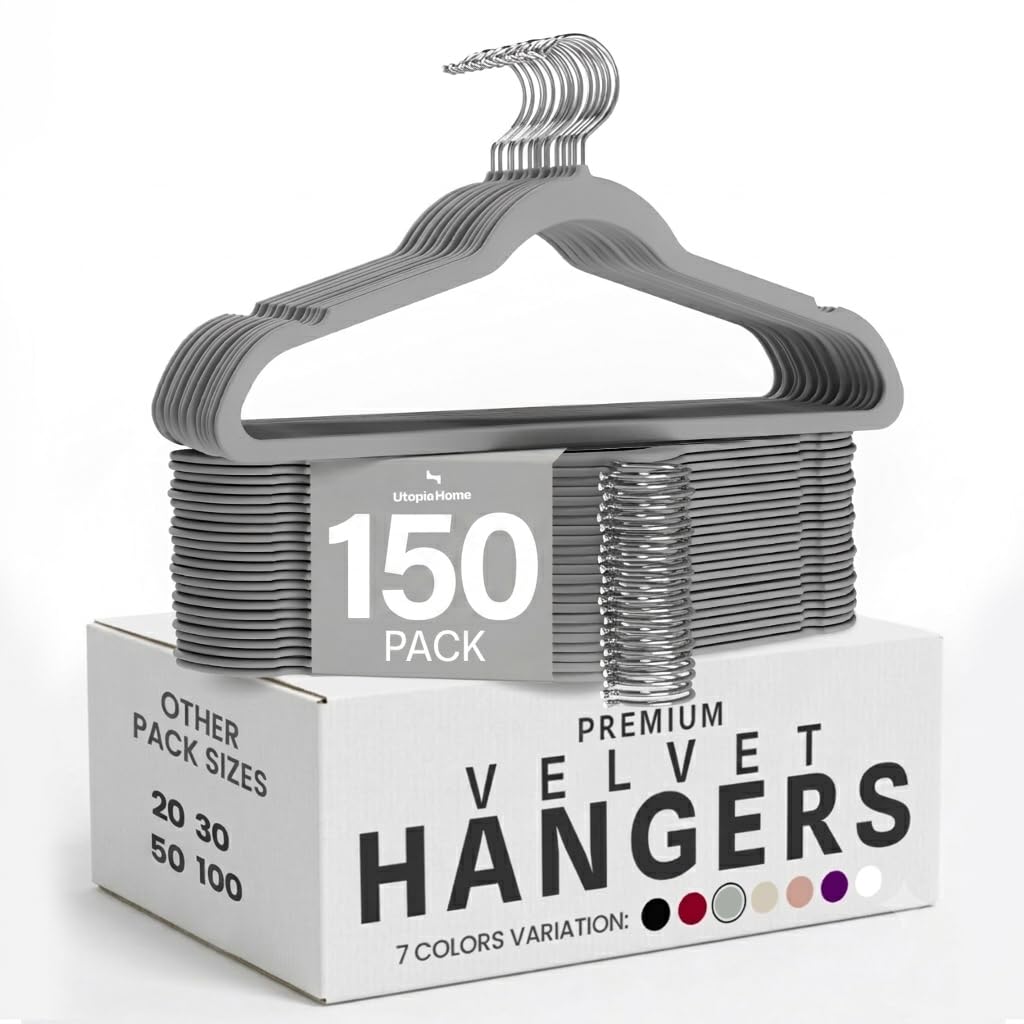 Utopia Home Velvet Coat Hangers - Adult Heavy Duty Velvet Clothes Hangers - Premium Non-Slip - 360 Degree Swivel Hook - Grey, Pack of 150