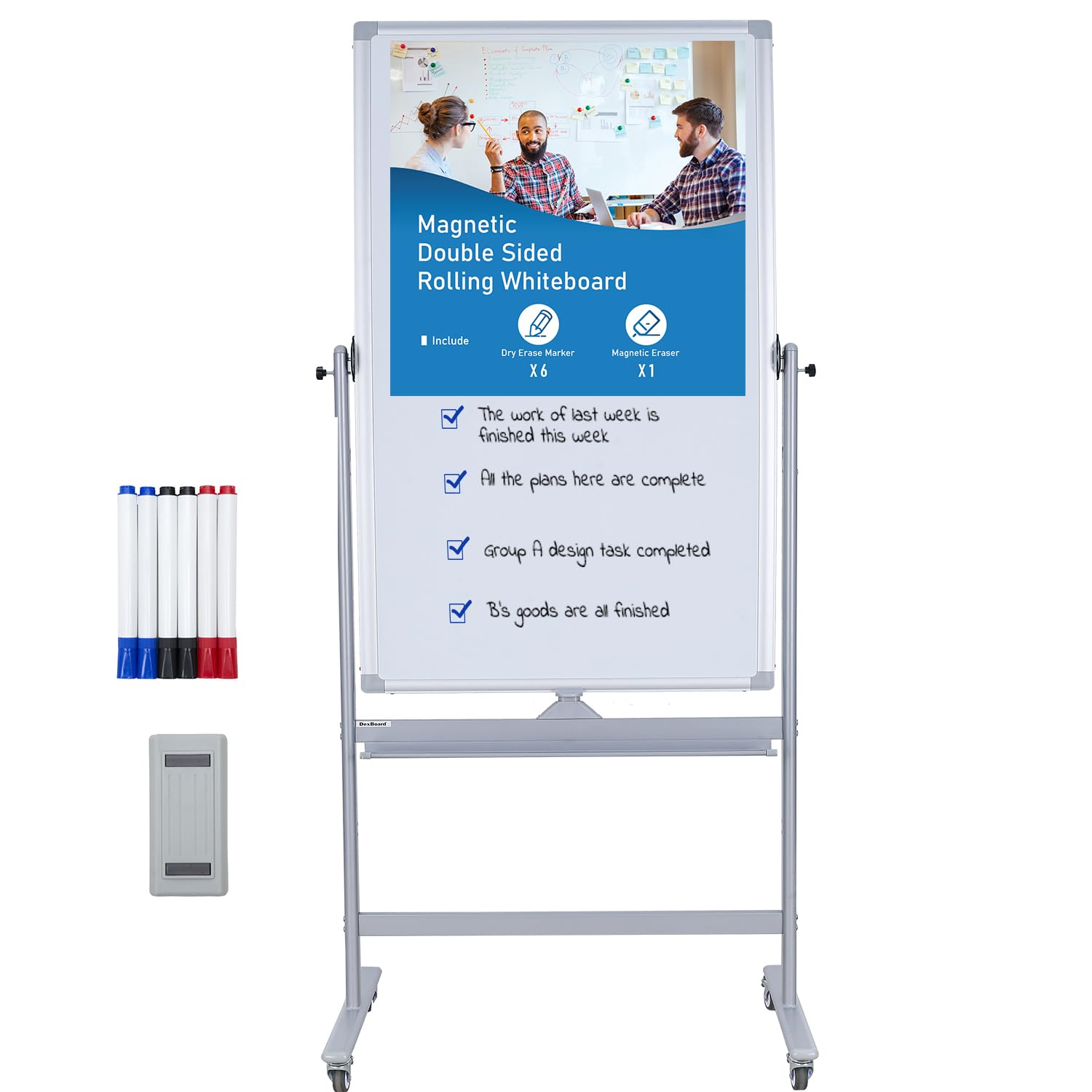 40" x 28" double-sided mobile whiteboard with wheels | rolling magnetic dry erase board on stand | adjustable height silver frame white board for office, classroom & home