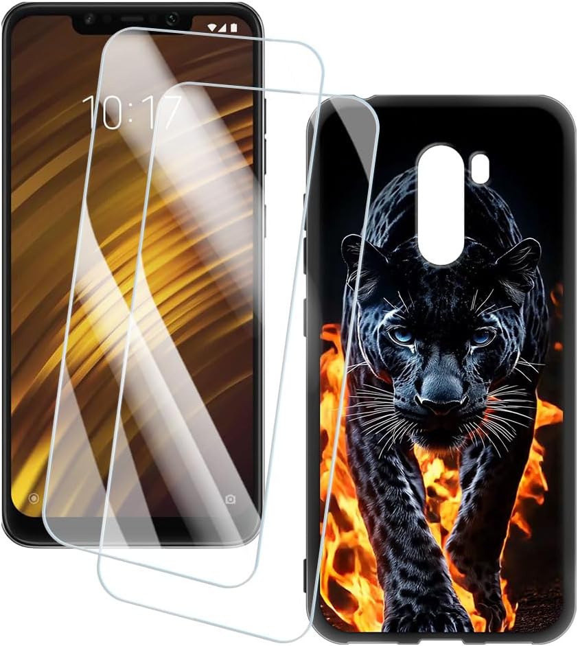 2 Pack Screen Protector + Case Compatible with Xiaomi Poco F1 (6.18 inch) Case Artistic Custom Printed Cover and Tempered Glass Film Anti-Scratch (Cheetah)