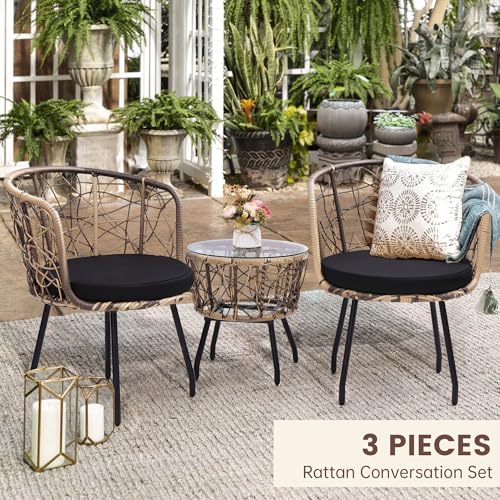 Image of Kromax 3-Piece Patio Modern Bistro Set, Natural /Black | Outdoor All-Weather Wicker Furniture Chairs and Side Table Set, Ideal for Balcony, Porch and Backyard