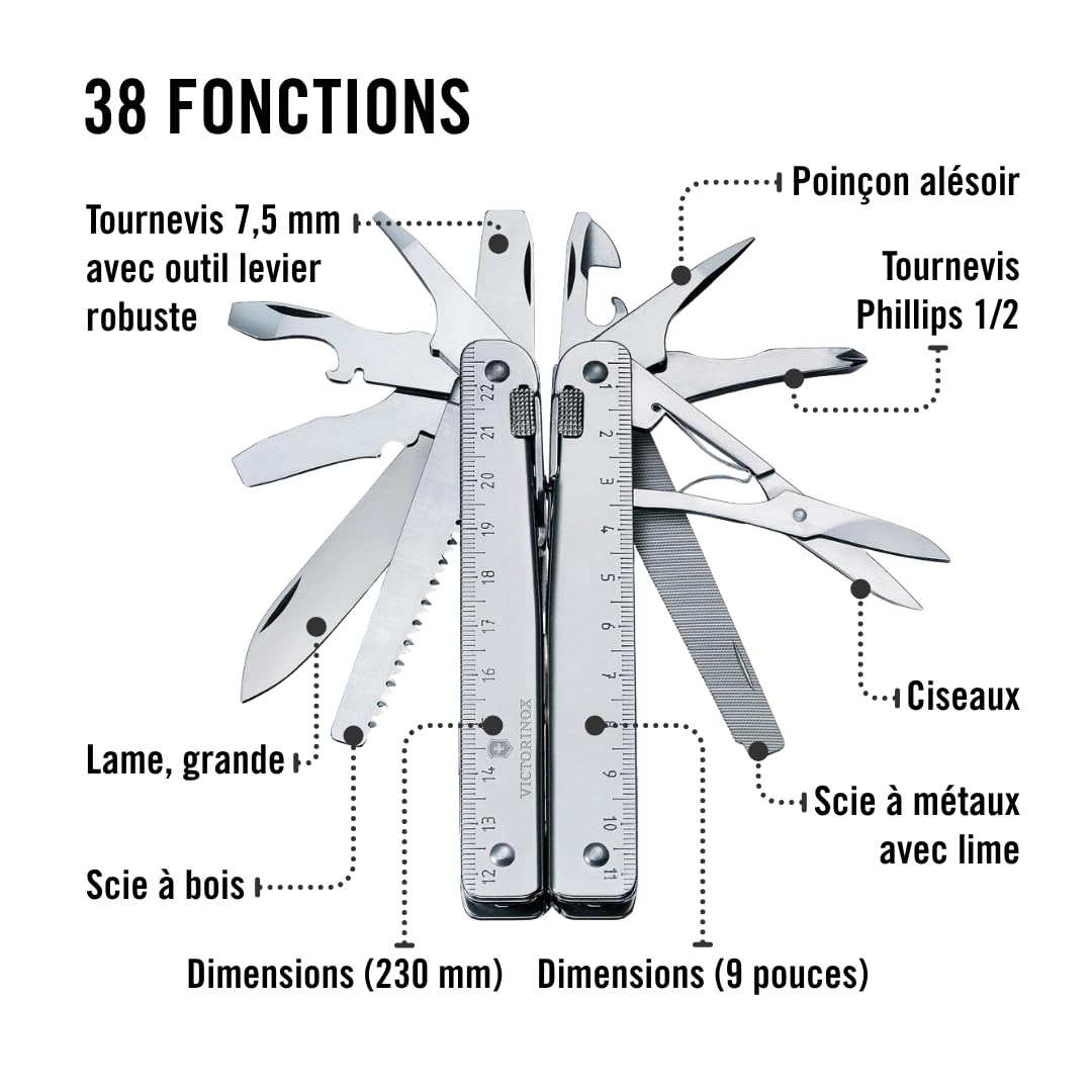 Victorinox Swiss Tool X Plus Ratchet Couteau de Poche Suisse, Multitool, 38 Fonctions, Tire Bouchon, Lame Fixe, Etui, Argent