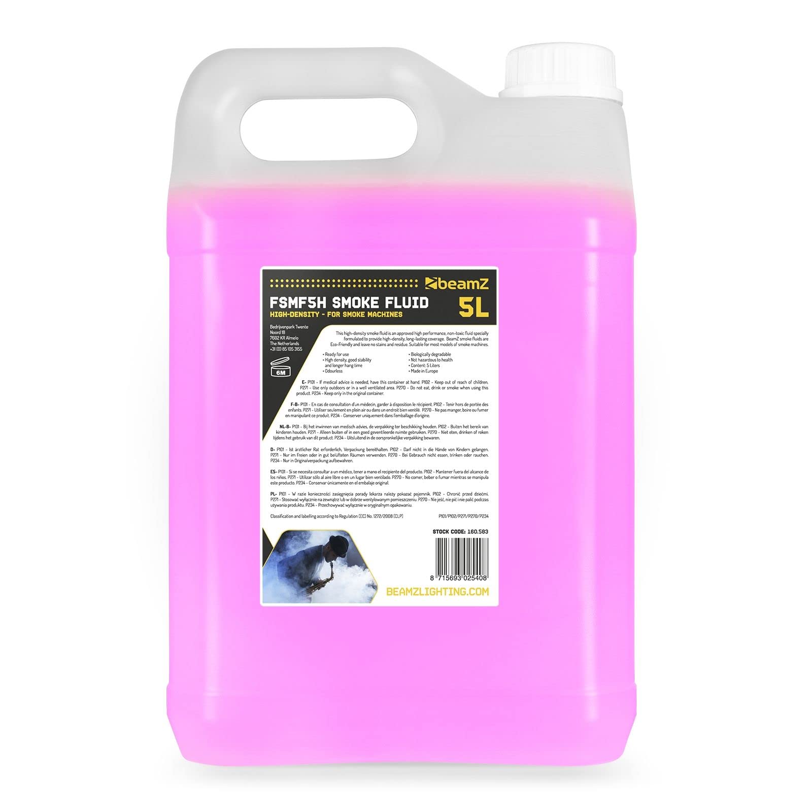 BeamZ FSMF5H fluido de humo 20L alta densidad para máquinas, base agua, biodegradable, sin residuos ni olor, uso universal, ideal para efectos duraderos en espectáculos