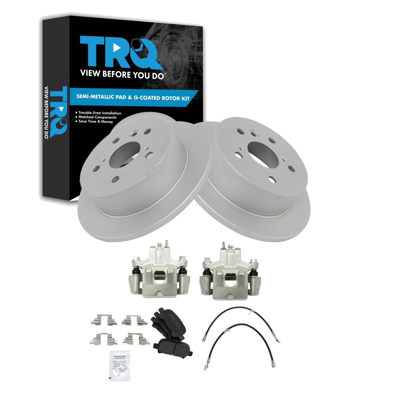 TRQ Rear Brake Pad and Rotor Set Semi Metallic Coated Rotors Calipers Compatible with 2006-2007 Toyota Avalon 2006-2008 Solara