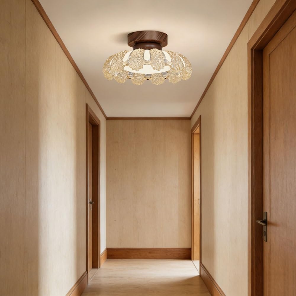 Nowoczesna lampa sufitowa z motywem kwiatowym z połowy stulecia, lampa wisząca LED o mocy 12 W, podstawa z drewna słojowego, oprawa sufitowa z żywicy w stylu retro. Lampa sufitowa