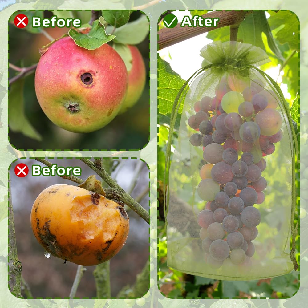 100 bolsas de protección de frutas de 8 x 12 pulgadas, bolsas de red de frutas para árboles frutales, bolsas de malla con cordón, bolsas de organza reutilizables, barrera de plagas para proteger