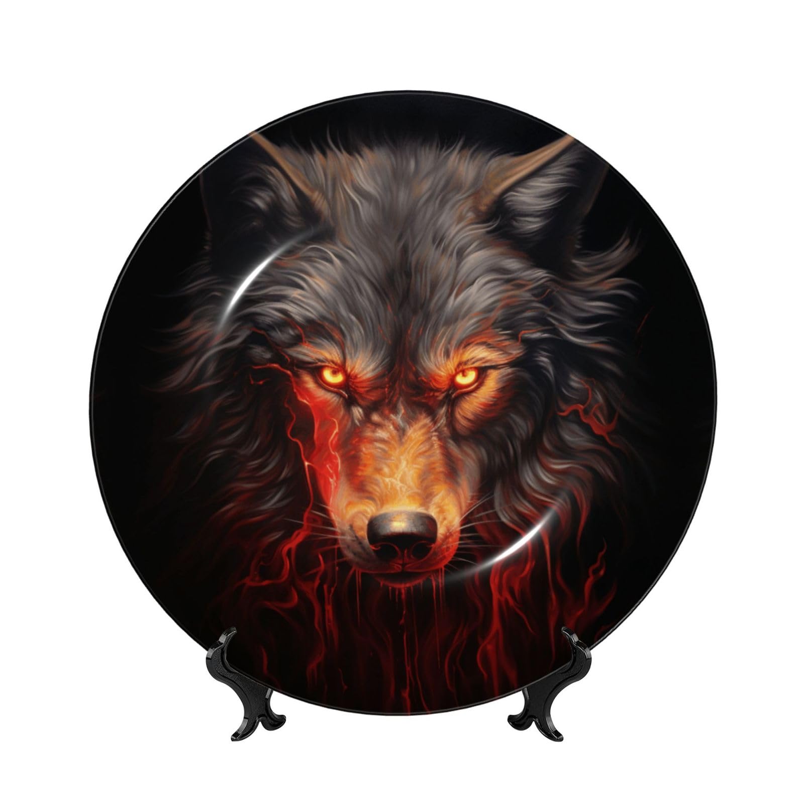 SXZVVBN Angry Red Wolf Bone China Decorative Plate Art with Stand Removable Adhesive Hanging for Home Office 8in（20cm）
