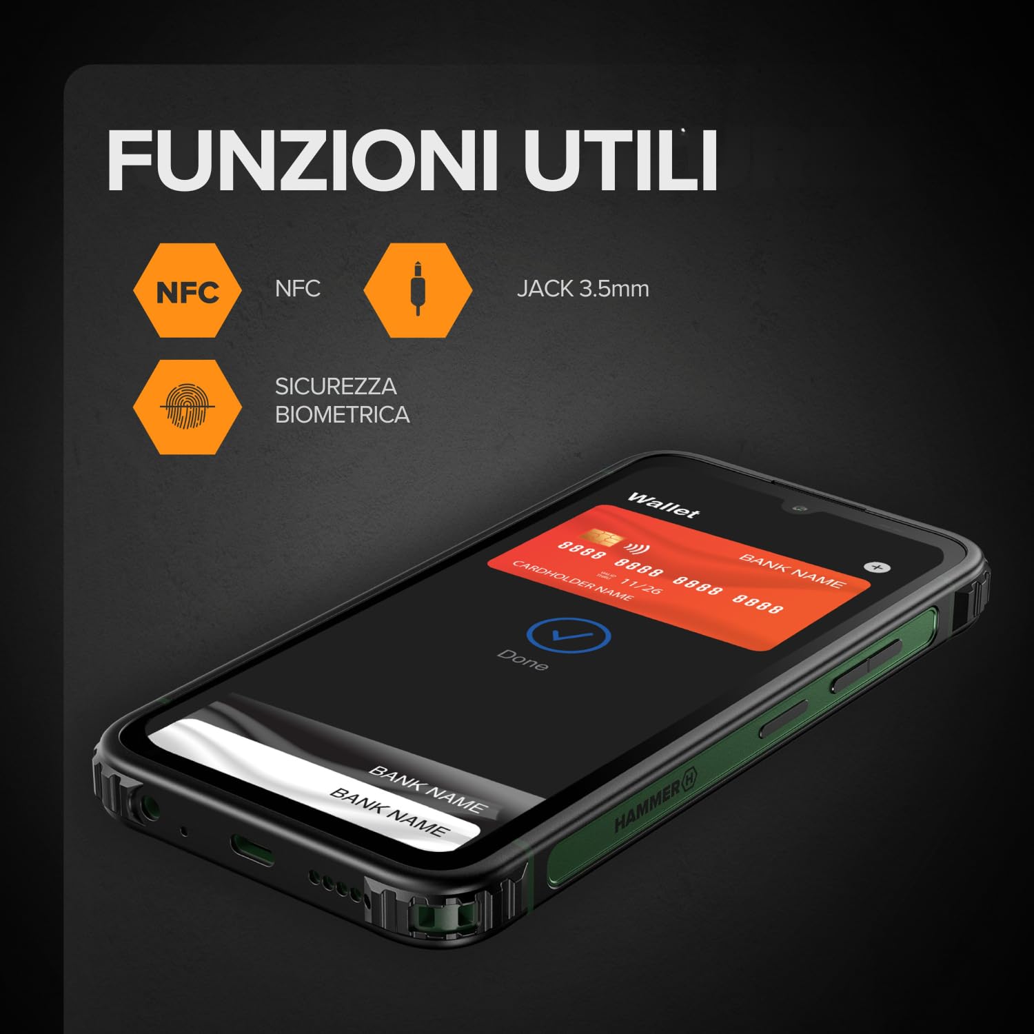 Hammer H Ranger Outdoor Cellulare, Smartphone, 4G LTE, 6/128 GB, 5000 mAh, Display da 6 pollici, 50 MP, Ultrawide, IP69, Gorilla Glass 5, NFC, Biometria, Jack da 3,5 mm, Dual SIM, eSIM