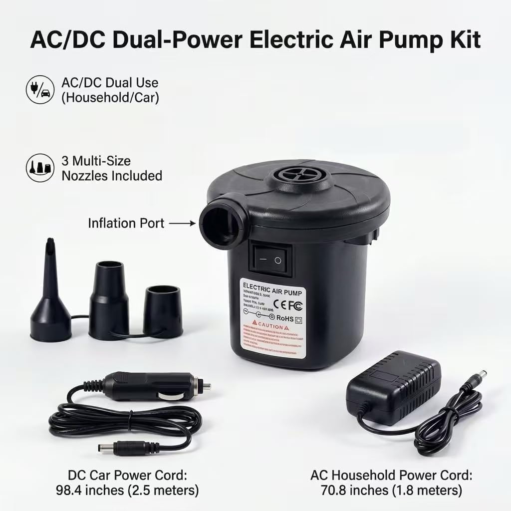 Portable Air Pump with 3 Nozzles 5kPa for Inflatables Mattress Pool Floats Toy Water Raft Bed Boat Pool Toy with 110 US Adaptor and Car-Powered 12v-DC