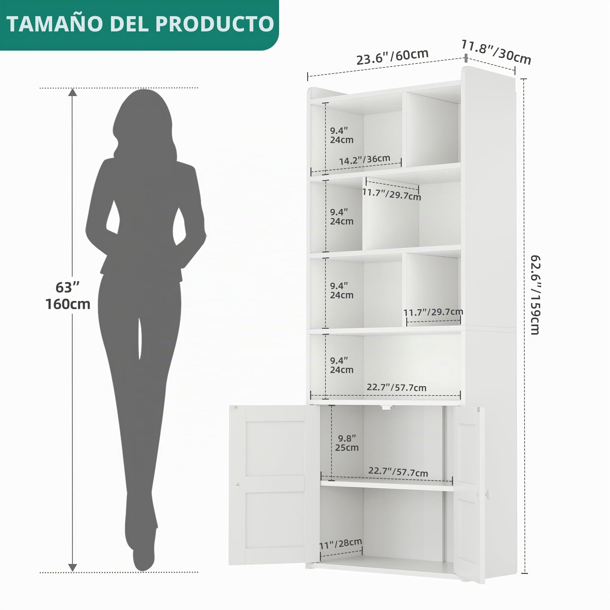YITAHOME Librería de 4 Niveles con Puertas y Armario estantería de pie para Libros estantería con Compartimento Abierto para el hogar la Oficina, Blanca, 60 x 30 x 159 cm