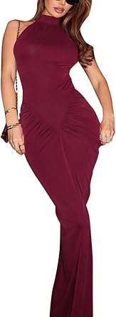 Halter Maxi Dresses for Women Sexy Bodycon High Split Cocktail Long Ruched Dress Party Club Outfits