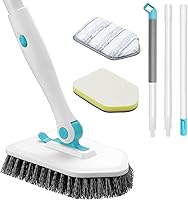 NACENA 3-in-1 Shower Scrubber Brush with Adjustable 36-50" Long Handle, 180° Rotatable Head, Detachable Stiff Brush, Scouring Pad & Microfiber for Bathroom Tiles, Tub, Glass - Blue/White