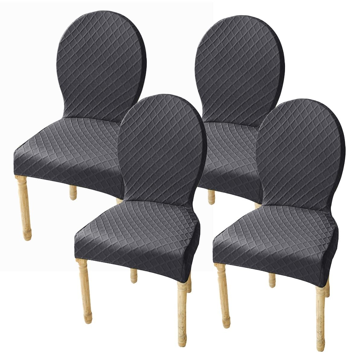 Nowoczesne pokrowce na krzesła do jadalni z okrągłym oparciem, drobne/grs, owalny design, bez podłokietników, nogi z litego drewna, ochraniacze na siedzenia do dekoracji domu (kolor: ciemnoniebieski)