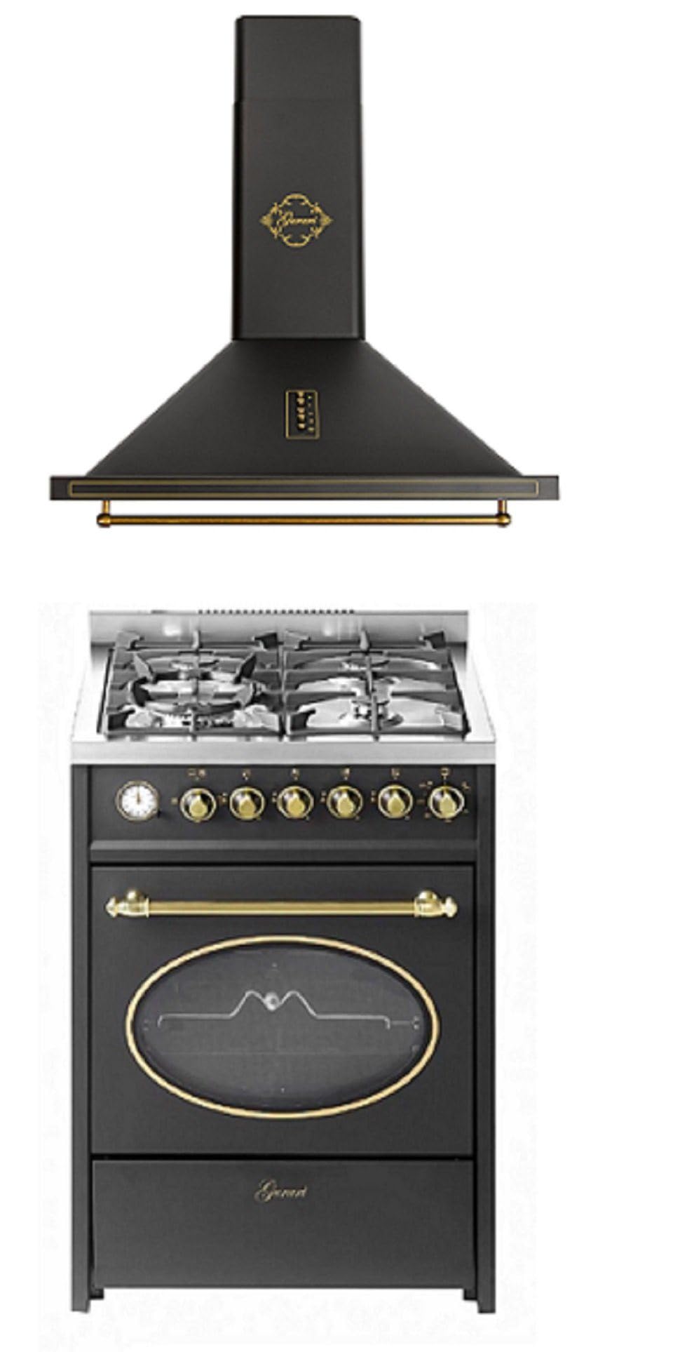 GURARI GCH G 614 BL Gas-Standherd 60 cm Schwarz + Retro Dunstabzugshaube 60 cm Abluft 850 m³/h • Freistehend GasHerd 4 Gasbrenner • 4,0 kW WOK • Grill & Drehspieß • 55 L